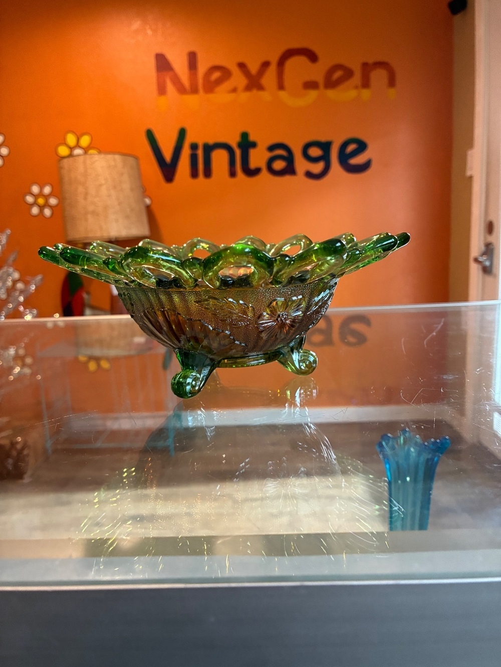 Northwood Antique Wild Rose Green Carnival Glass Open Edge Bowl
